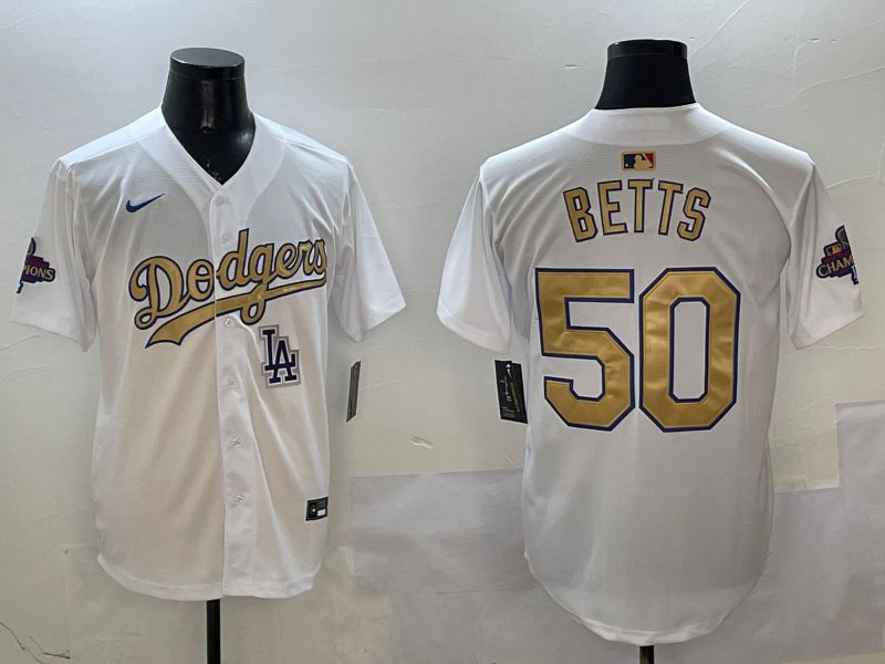 Men Los Angeles Dodgers #50 Betts White Champion gold character 2025 Nike MLB Jersey style 13